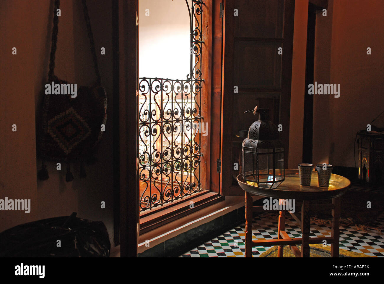 Room in traditional Moroccan house Fez Morocco Innenraum traditionelles marokkanisches Haus Fez Marokko Stock Photo