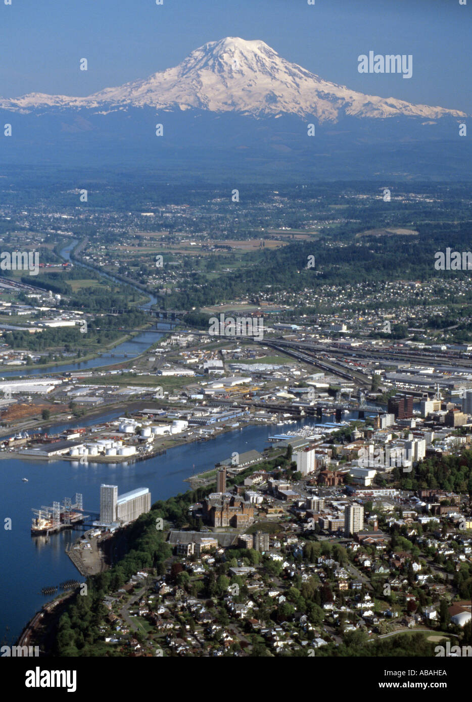 Tacoma Washington and Mount Rainier Washington State USA aerial Stock Photo