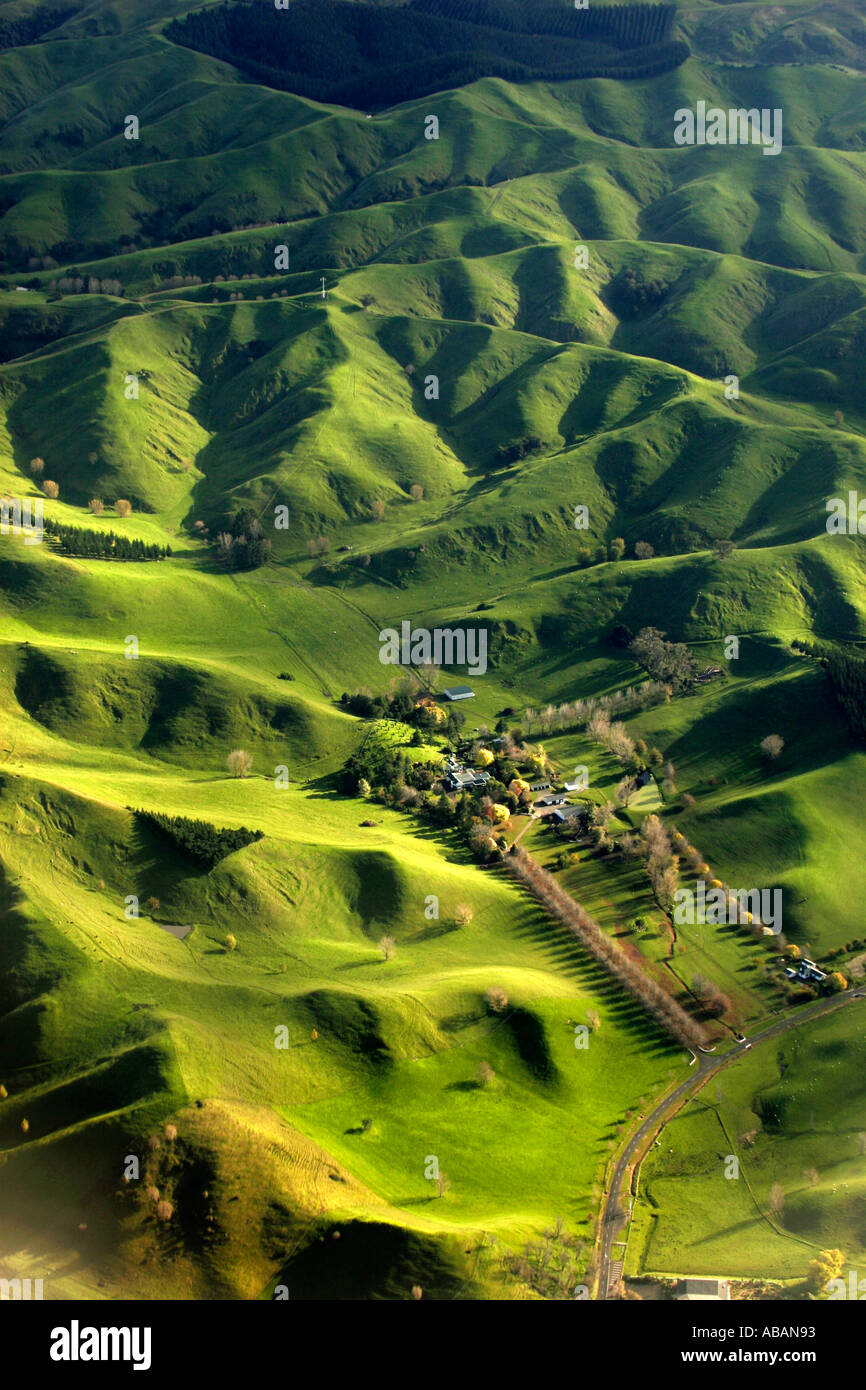 Aerial view of green and hilly farm country in New Zealand Stock Photo