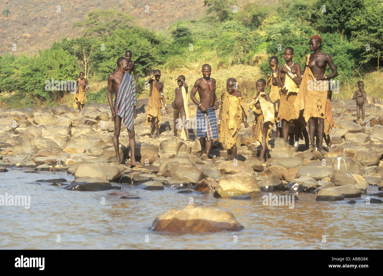Bodi tribal group  on the banks of the Lower Omo River Ethiopia Stock Photo