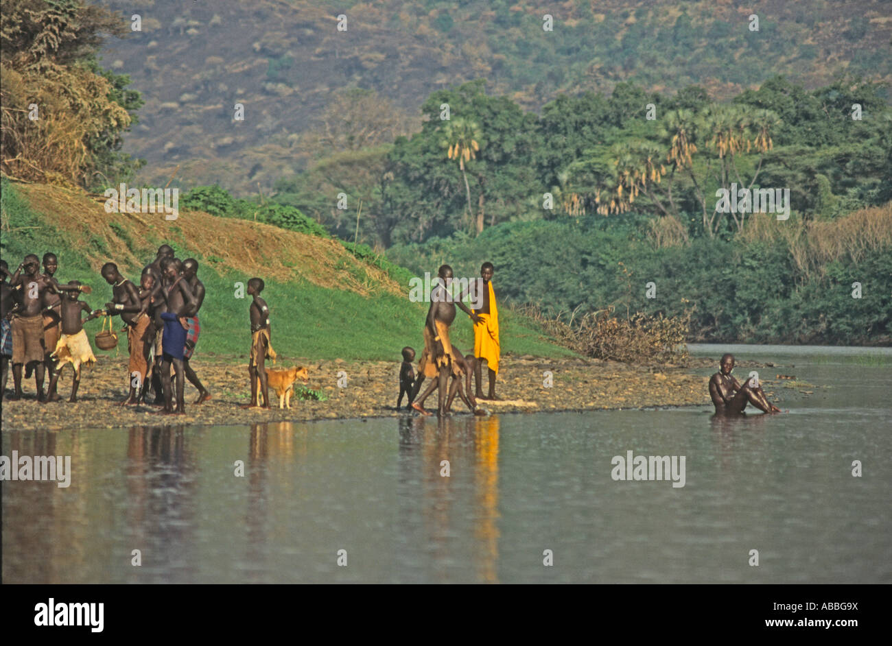 Bodi tribal group on the banks of the Lower Omo River Ethiopia Stock Photo