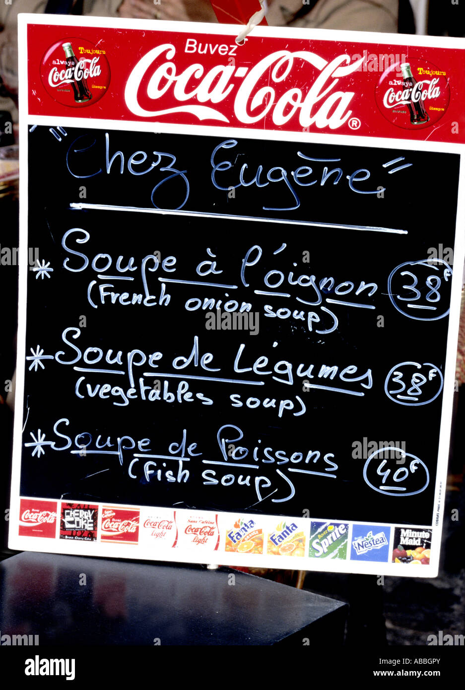 Typical French blackboard menu,Chez Eugene Stock Photo