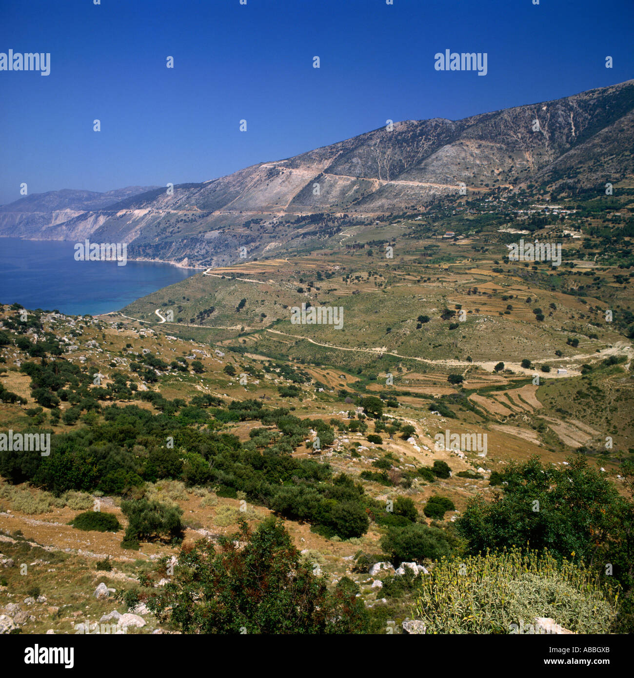 Terraced landscape and horseshoe shaped Kiriaki Bay on Cephalonia