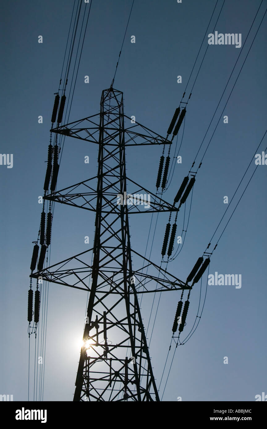 High voltage power cables on a pylon Stock Photo Alamy