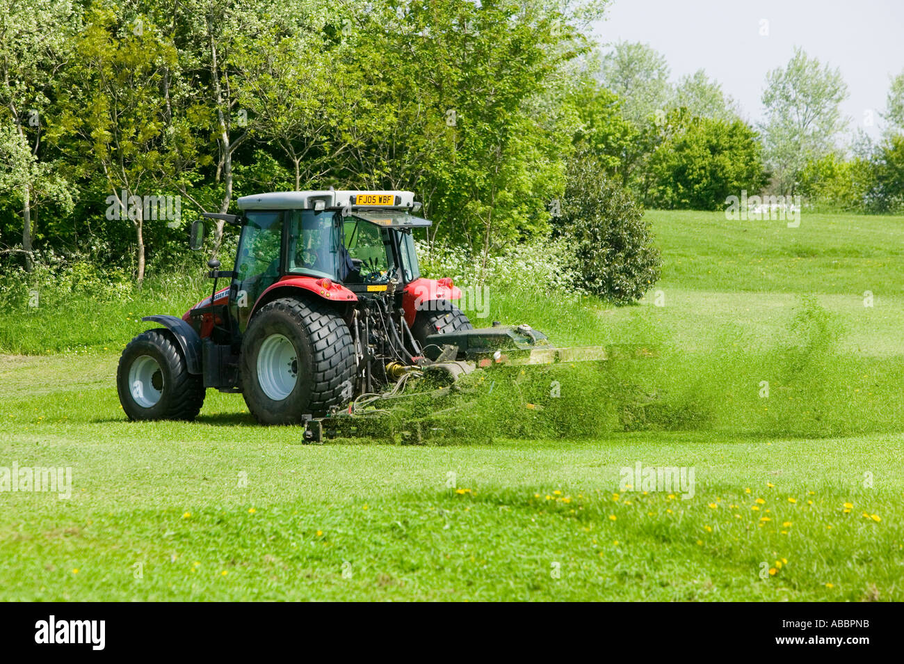 cutting the grass on a field in Leicester with a mechanical mower, UK Stock Photo