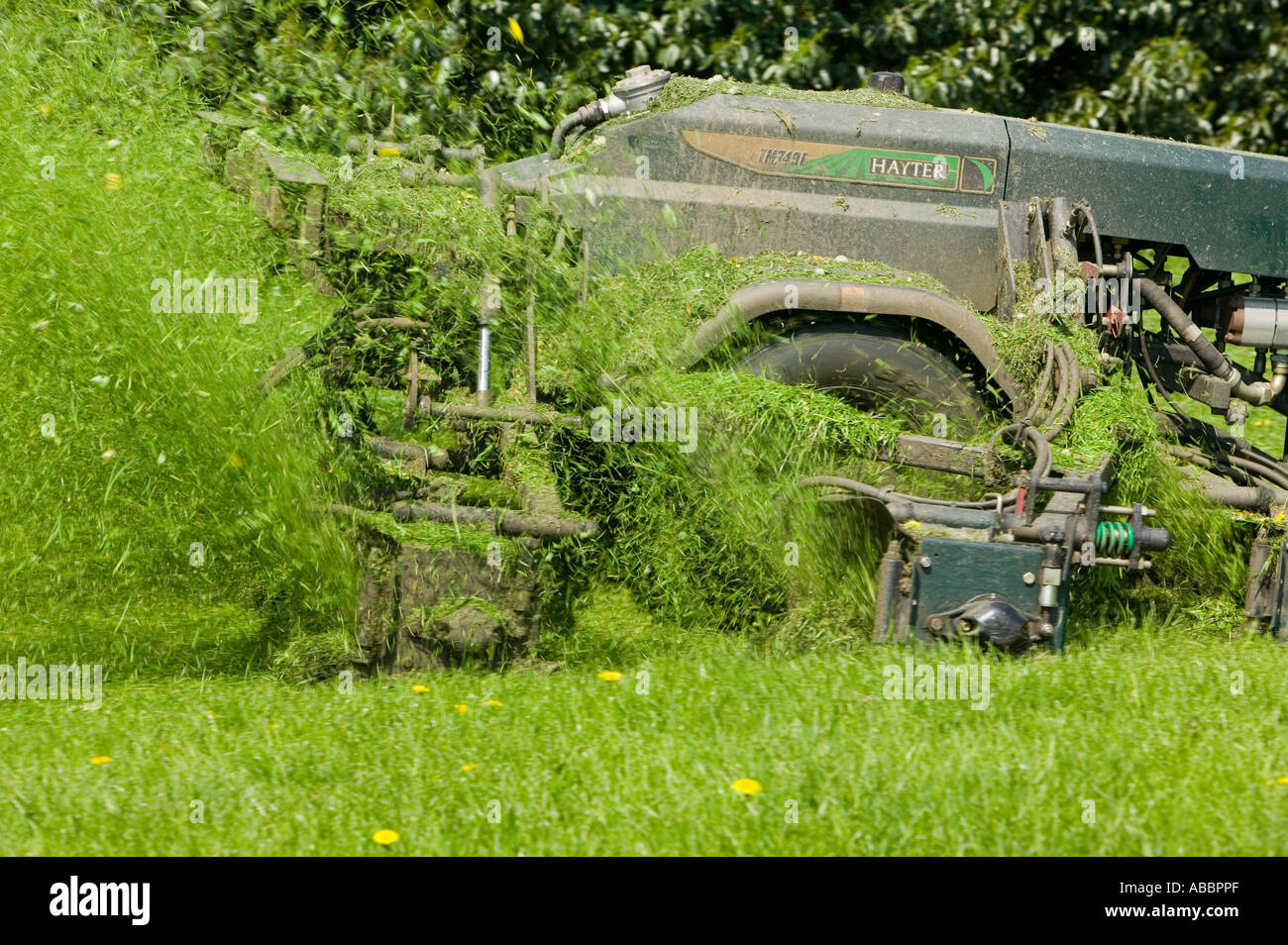 cutting the grass on a field in Leicester with a mechanical mower, UK Stock Photo