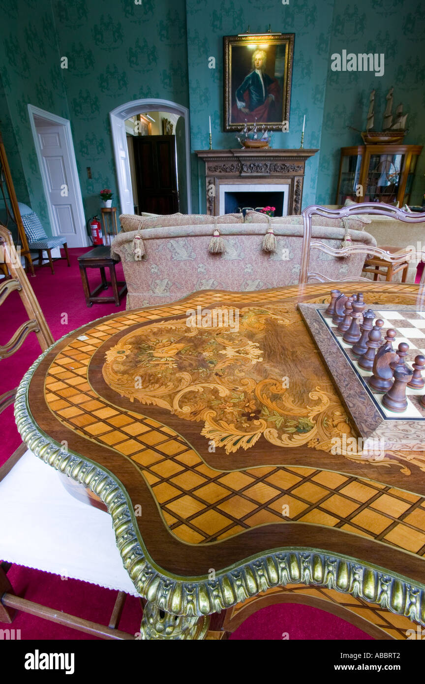 a fine example of marchetry on a victorian table in the four star, Sorrs Hall Hotel, Stock Photo