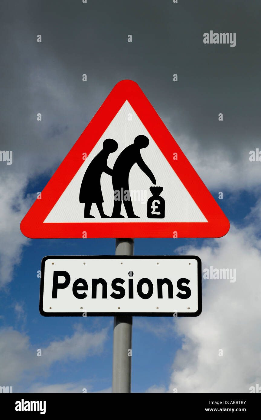 Pensions Road Sign against cloudy sky Stock Photo