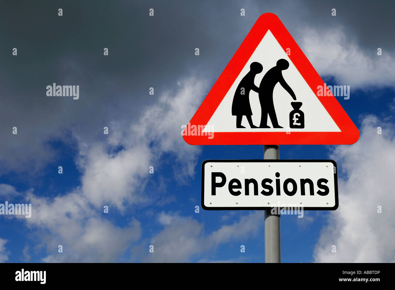Pensions Road Sign against cloudy sky Stock Photo