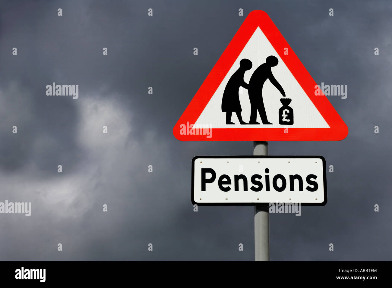 Pensions Road Sign against threatening clouds Stock Photo