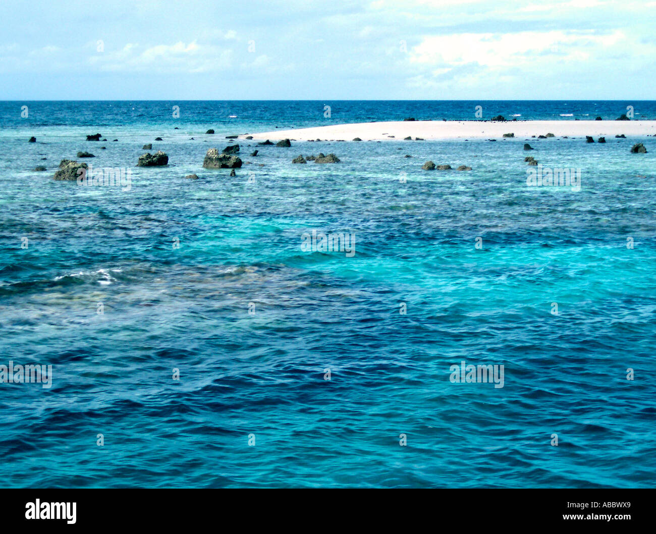 Coral and Sandbar Emerging on the Great Barrier Reef  Queensland, Australia Stock Photo