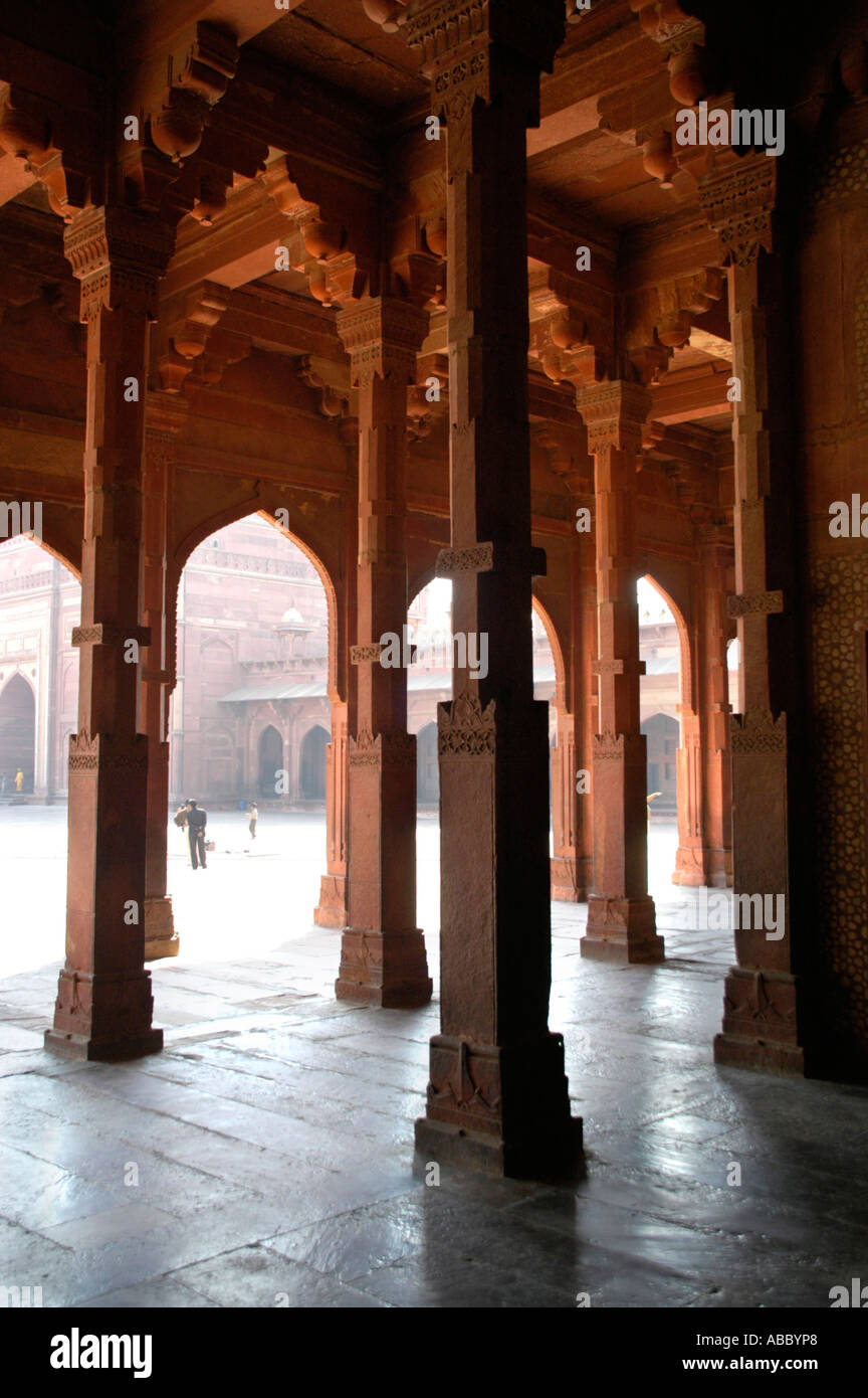 Pillar hall fine arts in sandstone in Indian style Akbar Mosque Fatehpur Sikri Uttar Pradesh India Stock Photo