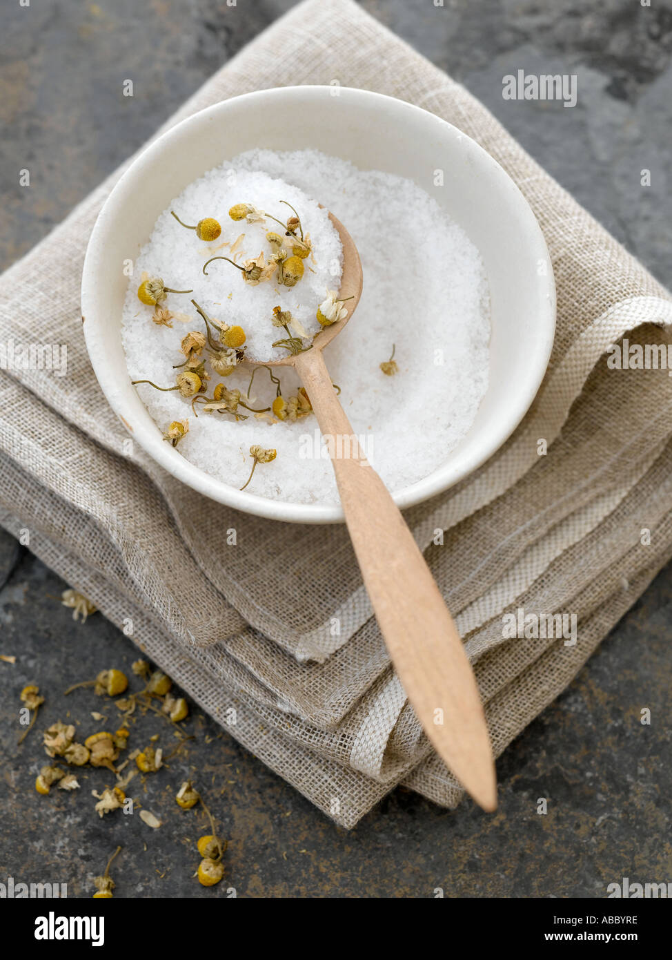 Natural bath salts with dried camomile flowers - high end Hasselblad 61mb digital image Stock Photo