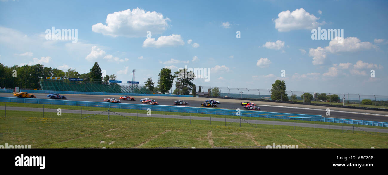 Panoramic view of Historic Sportscar Racing HSR series racing at Watkins Glen International Raceway in Watkins Glen New Stock Photo