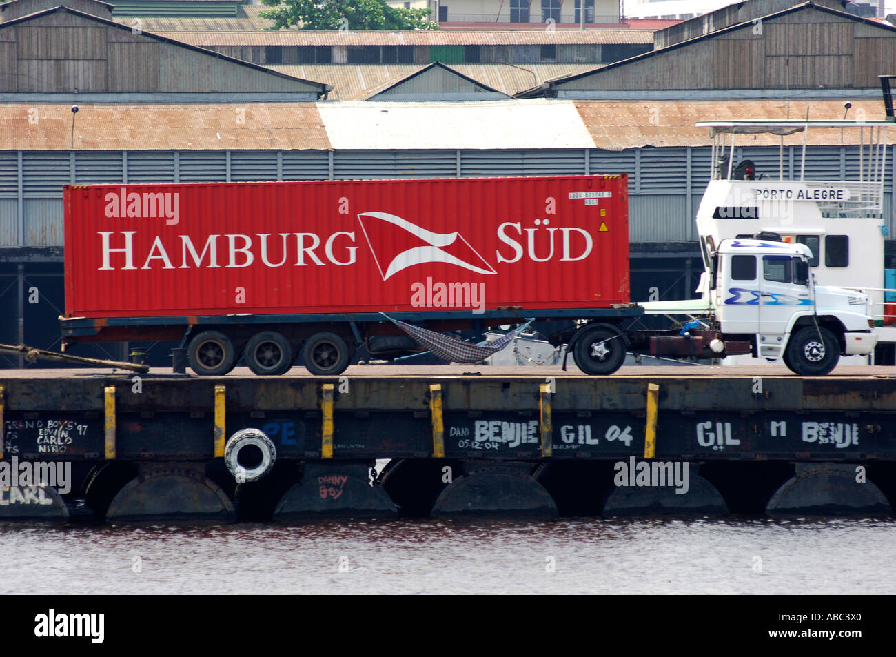 Container of the Hamburg Süd shipping line in the port of Manaus Brazil Stock Photo