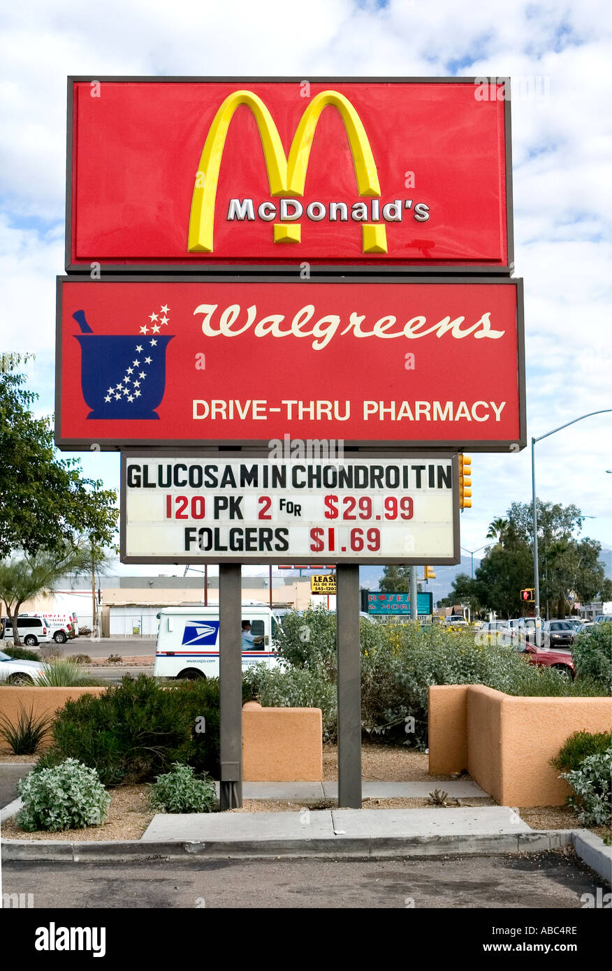 McDonalds and Walgreens signs and parking lot Arizona USA Stock Photo