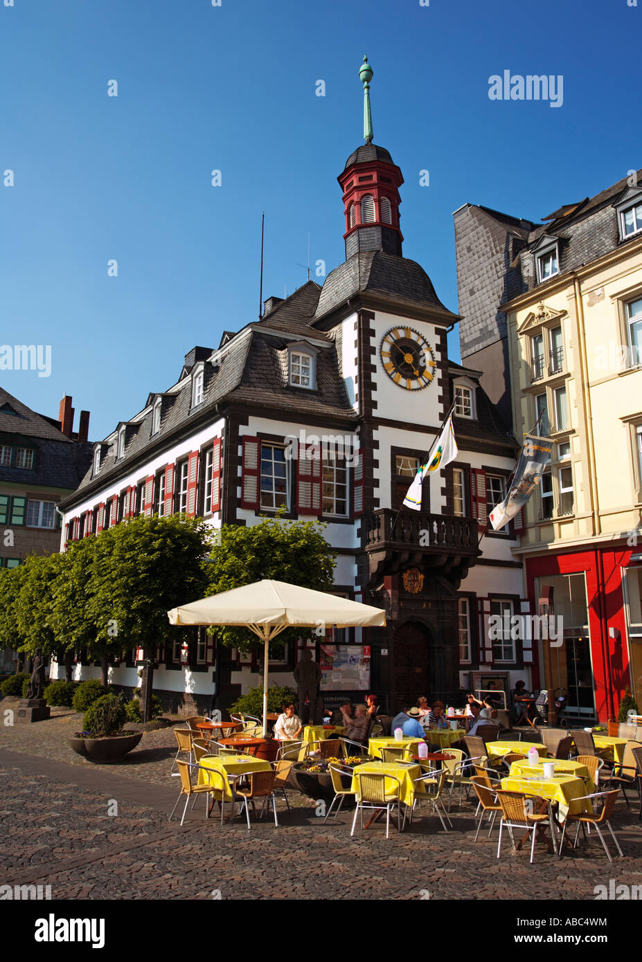 Old town hall with pavement cafe in Mayen, Germany Stock Photo