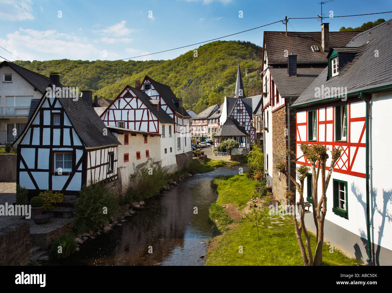 Monreal and the river Elz in the Eifel Region of Germany, Europe Stock Photo