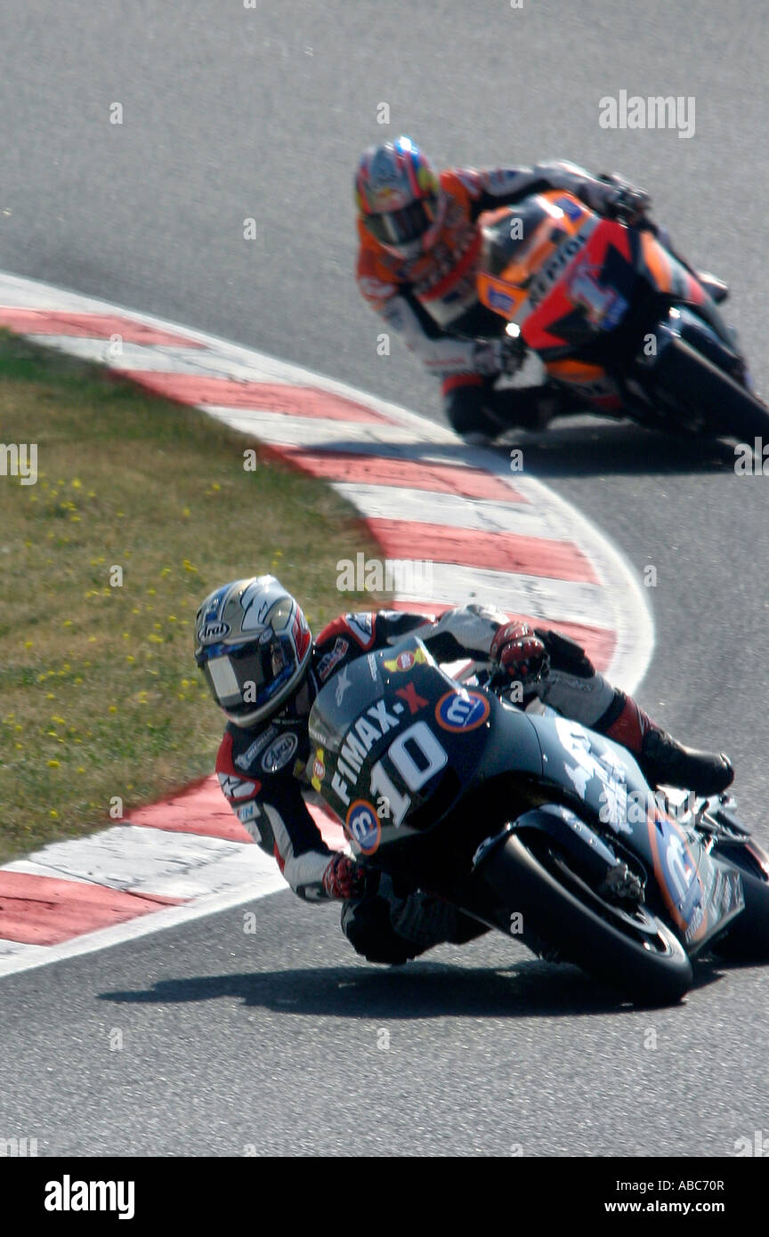 Former 500cc world champion Kenny Roberts being followed by current world champion Nicky Hayden in the 2007 Catalan Moto GP Stock Photo