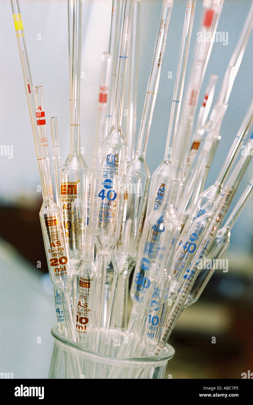 Pipettes in a chemistry laboratory lab Stock Photo Alamy