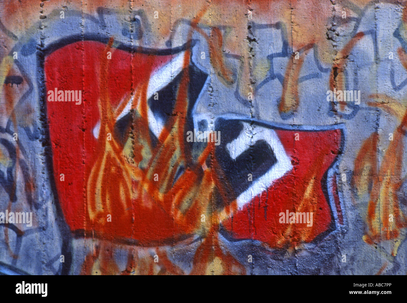 Prague, Czech Republic. Graffiti of Nazi flag on fire (1994) Stock Photo