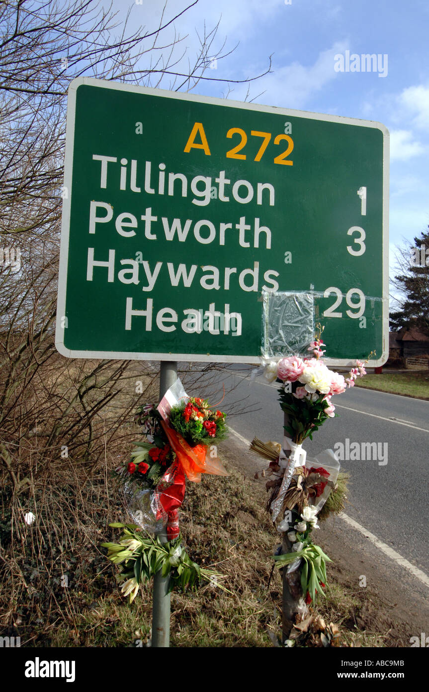 A roadside shrine to dead road crash victims on the A272 road in Sussex ...
