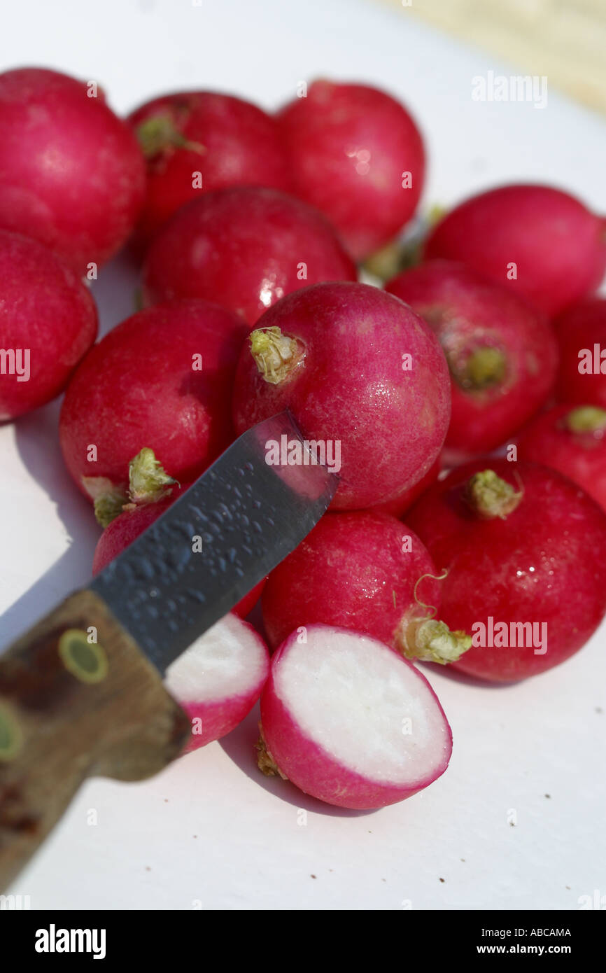 Radish being cut in half with sharp kitchen knife Stock Photo