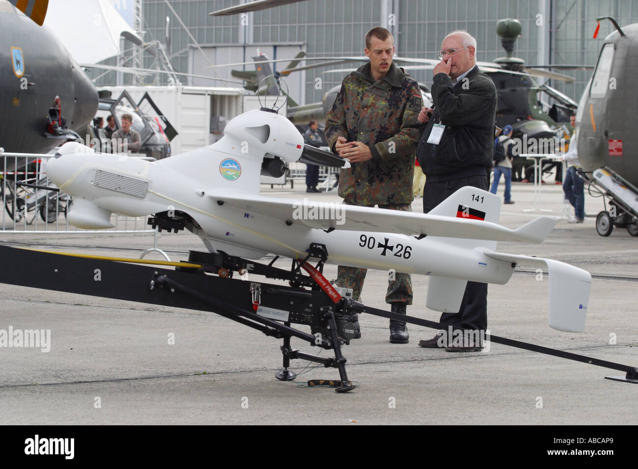 Military UAV drone reconnaissance aircraft built by EMT Luna operated by the German Air Force at military arms trade show 2006 Stock Photo