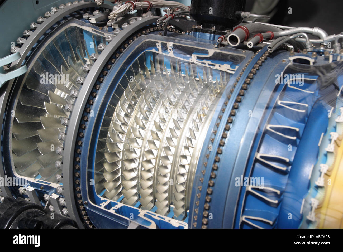 Model of jet engine cutaway showing blades and turbine inner workings Stock Photo