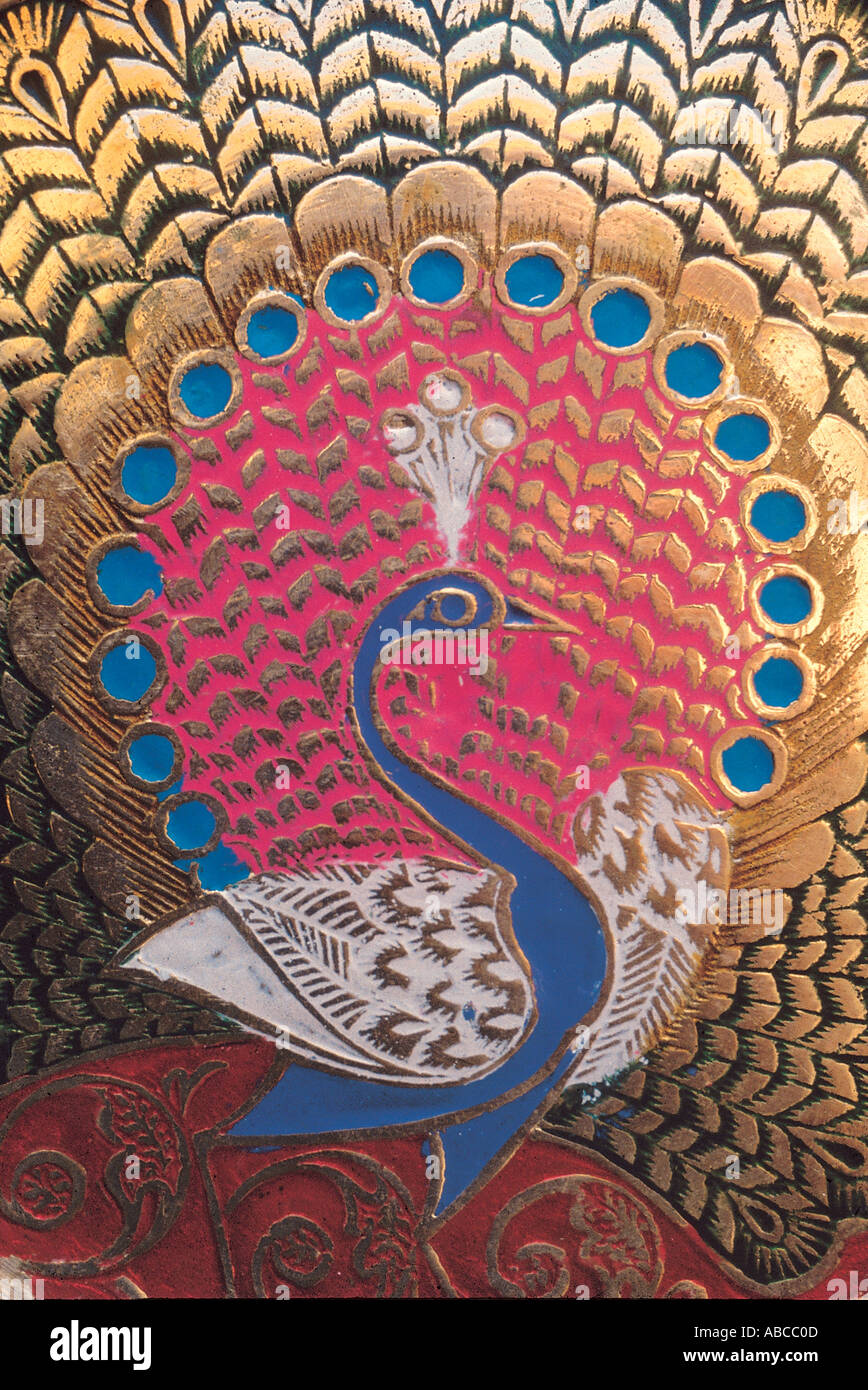 Dancing peacock. Painting found on a wall of a temple. Rajasthan, India. Stock Photo