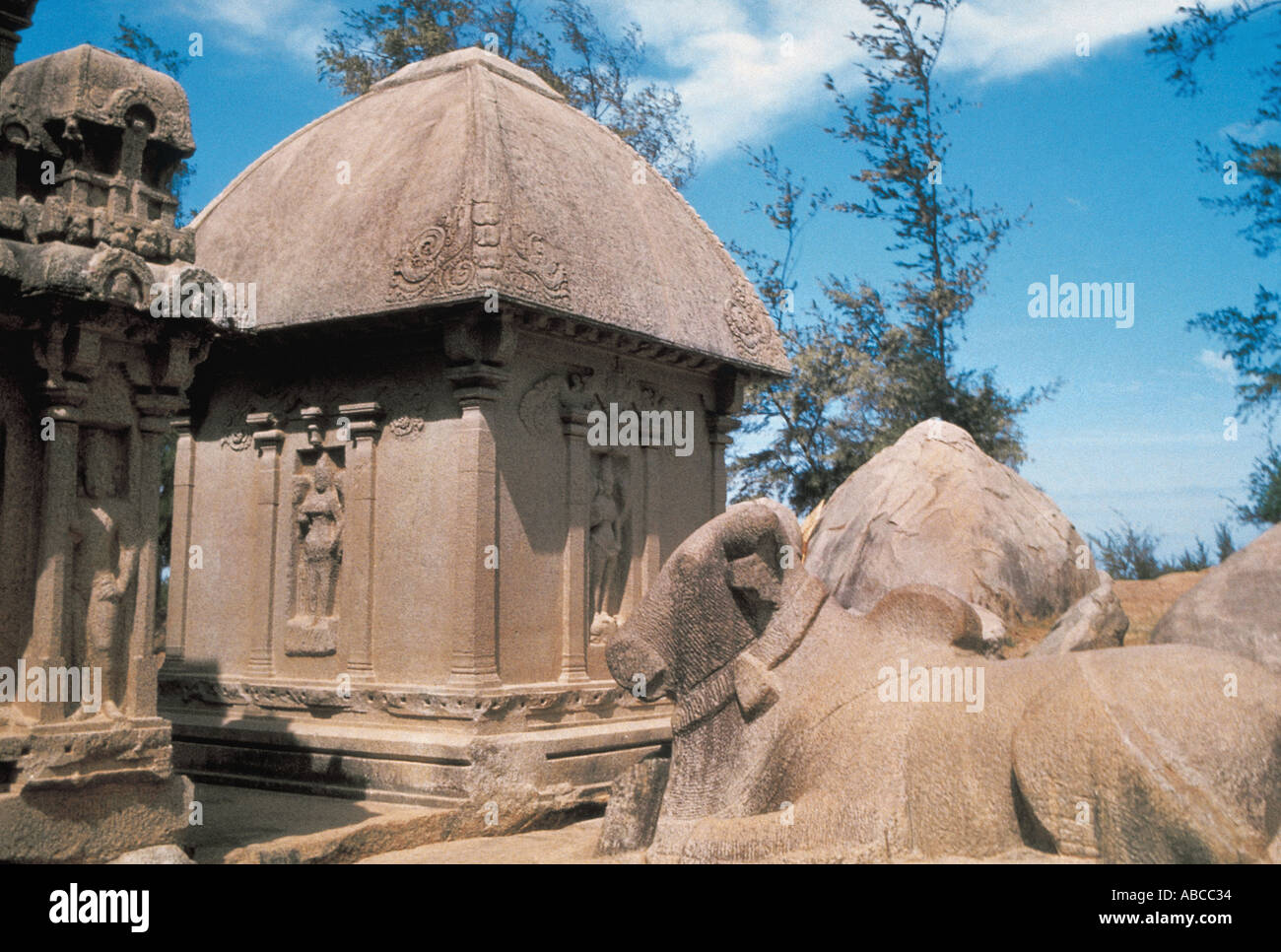 View from the south east of the monolithic bull and Draupadi Ratha Five Rathas Memallapuram Tamilnadu India Dated 600 A D Stock Photo