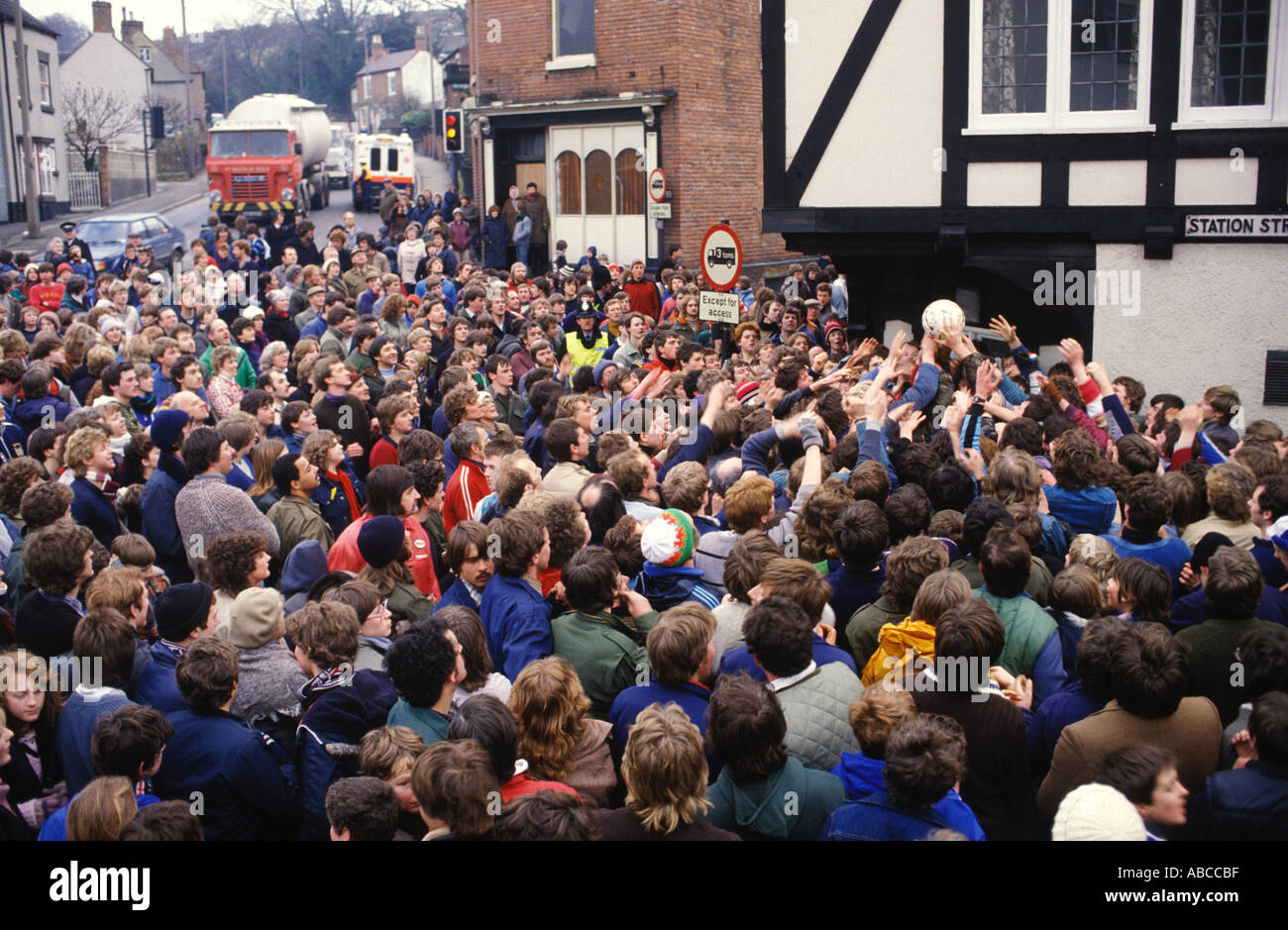 Ashbourne shrovetide football Derbyshire Men fight for the ball in the small town of Ashbourne England UK HOMER SYKES Stock Photo