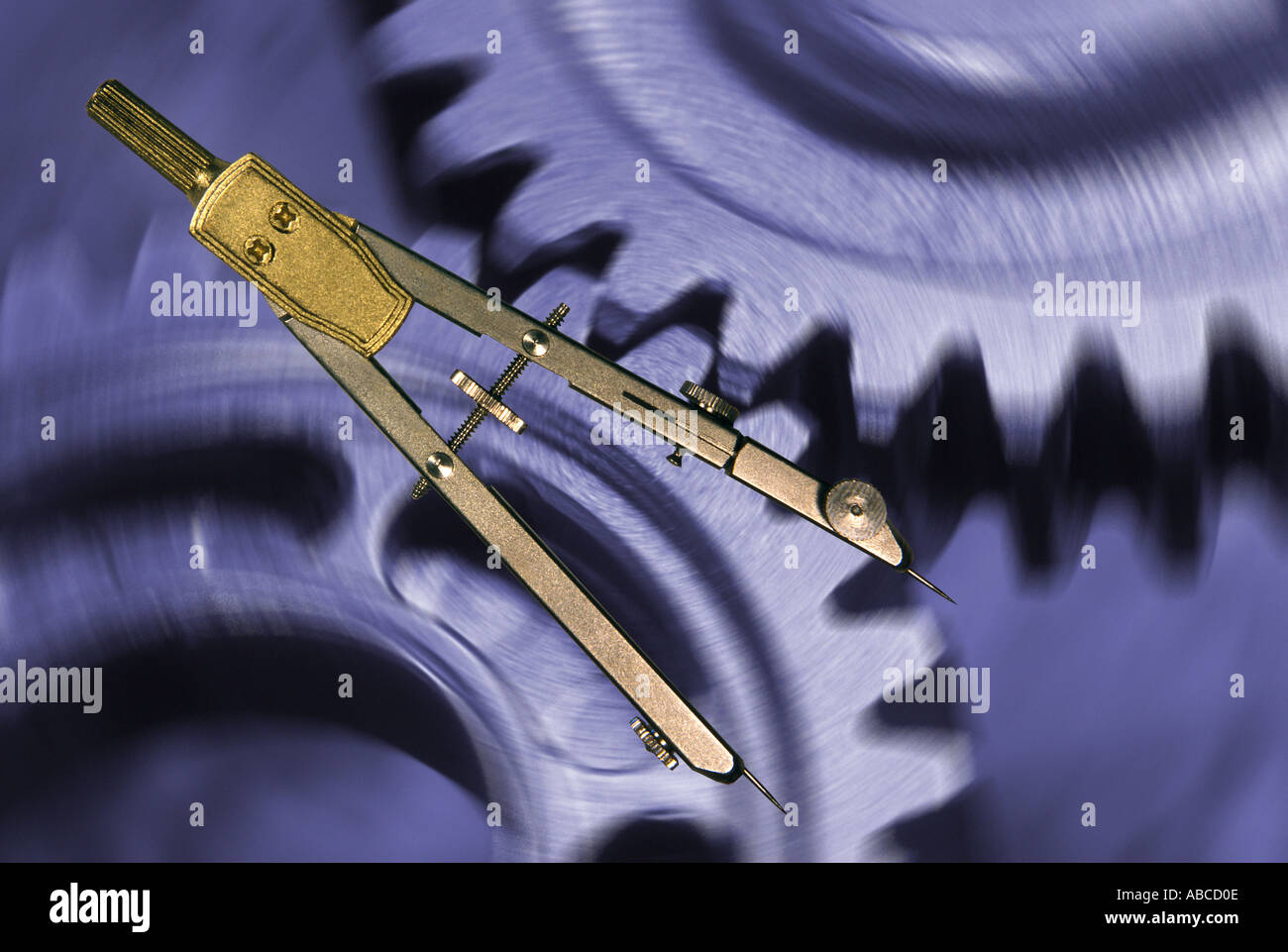 technical drawing measuring compass and cog wheels Stock Photo Alamy