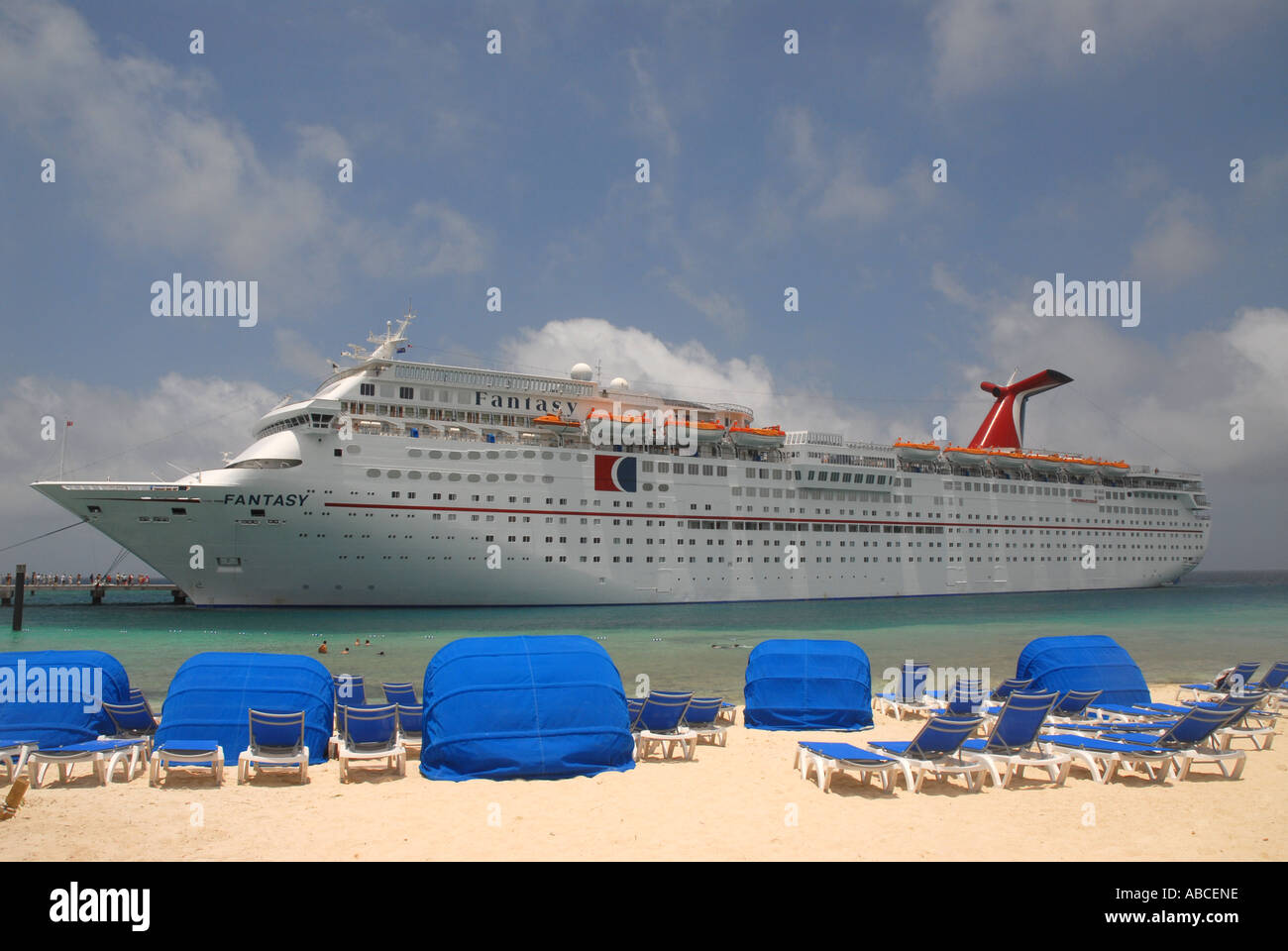 cruise ship Carnival Fantasy beach chairs cruise ship Carnival Fantasy beach chairs Grand Turk Turks and Caicos Islands tci Stock Photo