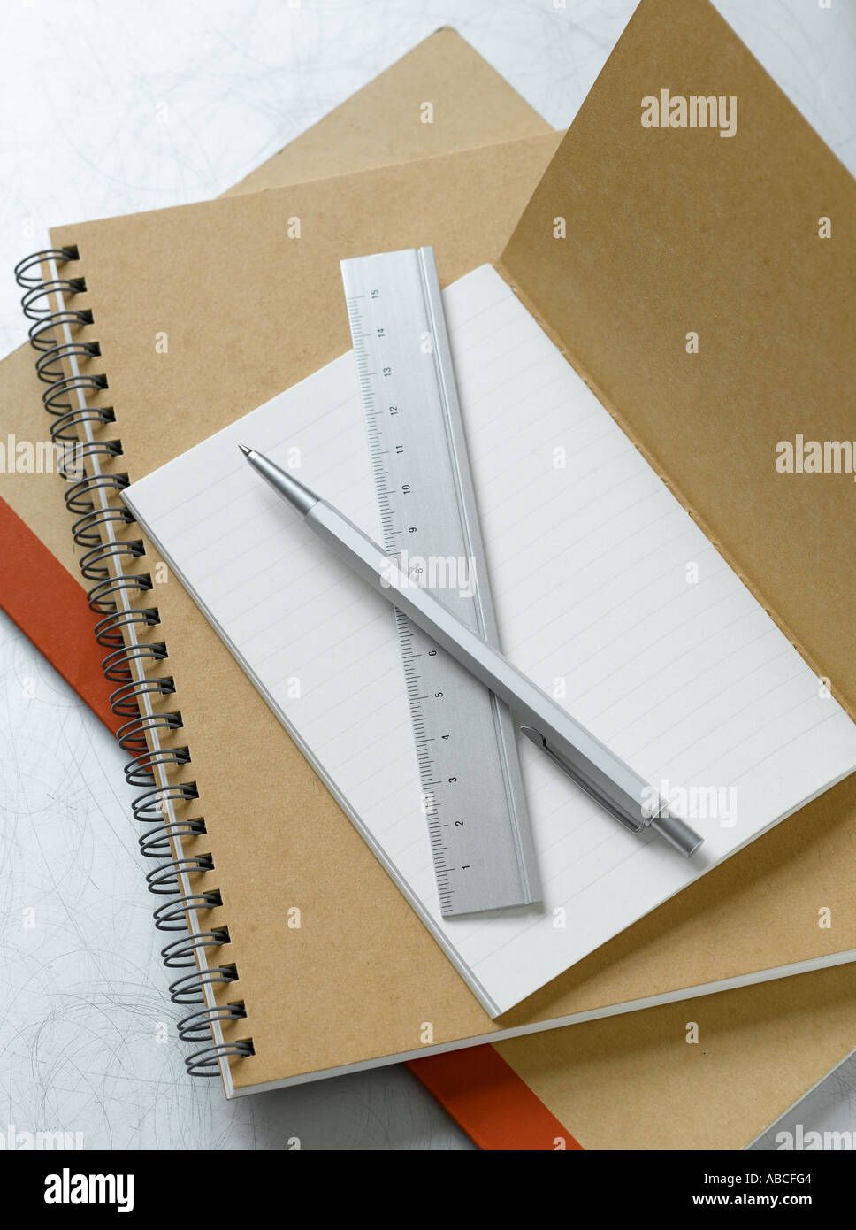 Notebooks pen and metal ruler - high end Hasselblad 61mb digital image Stock Photo