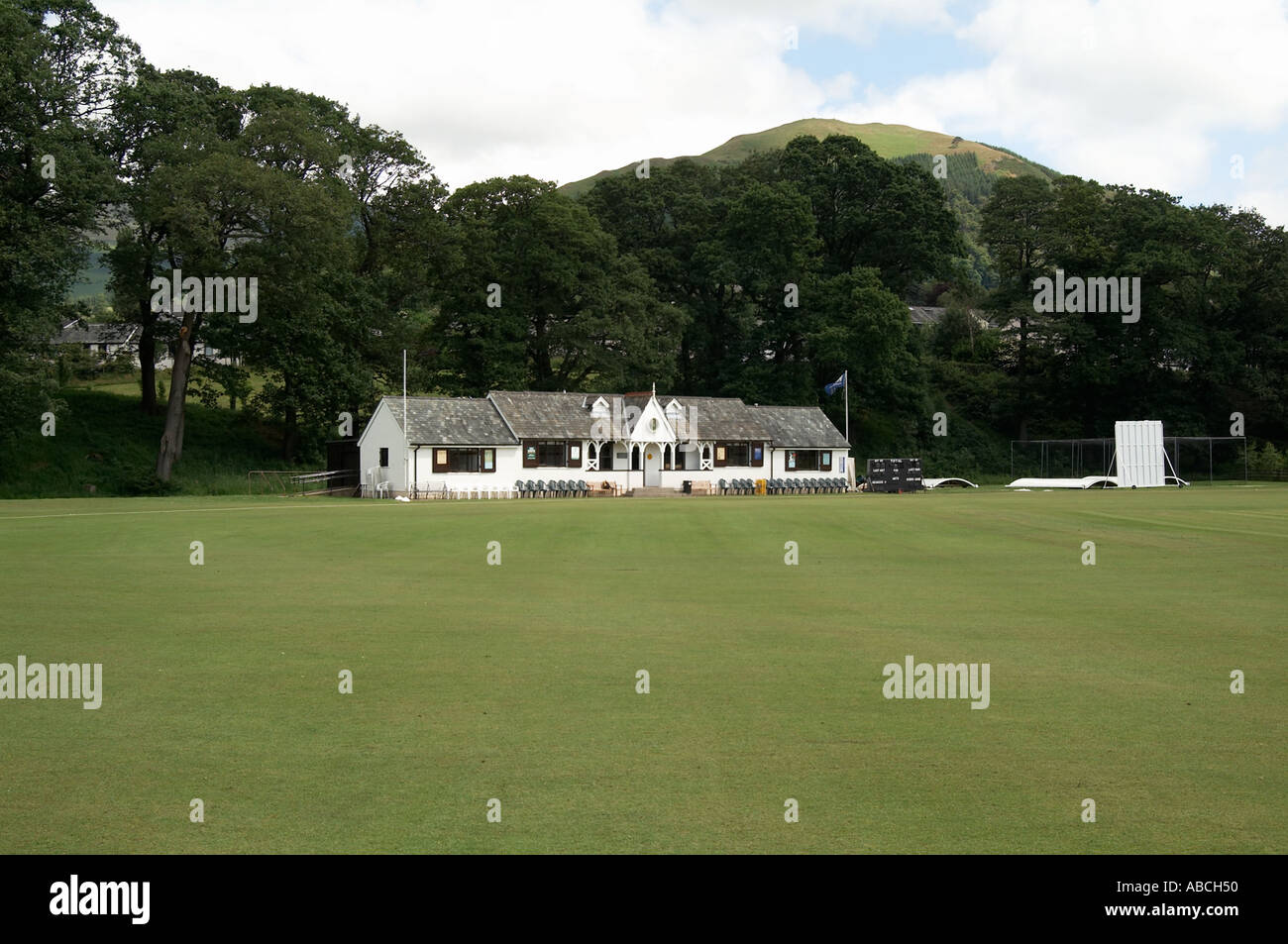 Fitz Park Keswick cricket pavilion field was nominated in 2001 as the Loveliest Cricket Ground in England Wisden Stock Photo