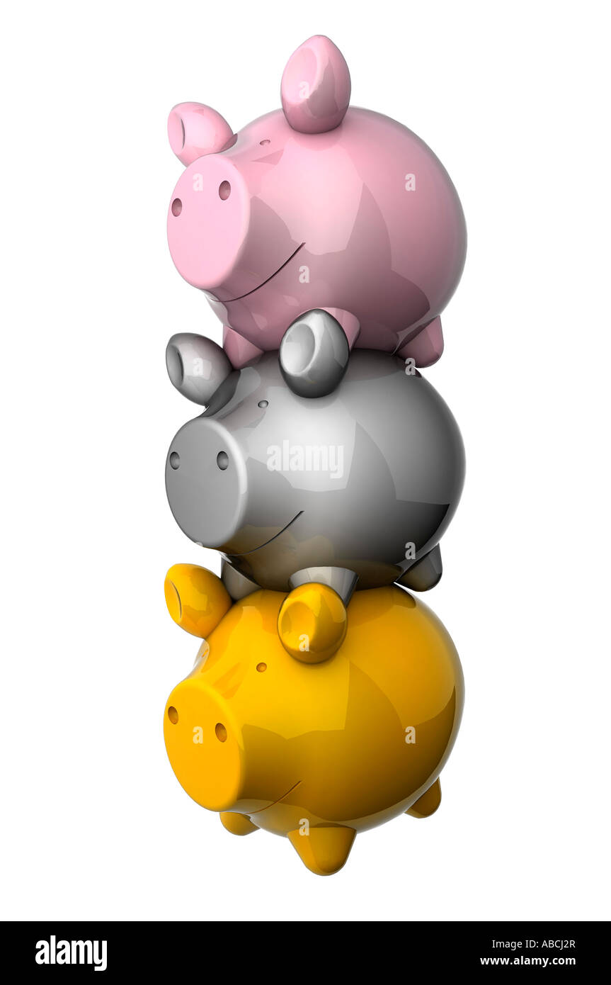 Stack of 3 various piggy banks Stock Photo