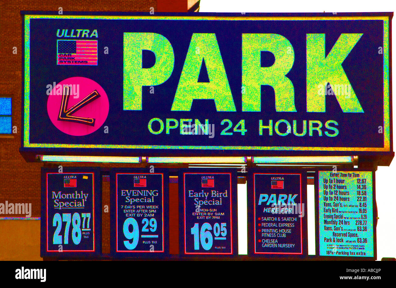 NYC New York city Manhattan park parking lot sign open 24 hours arrow
