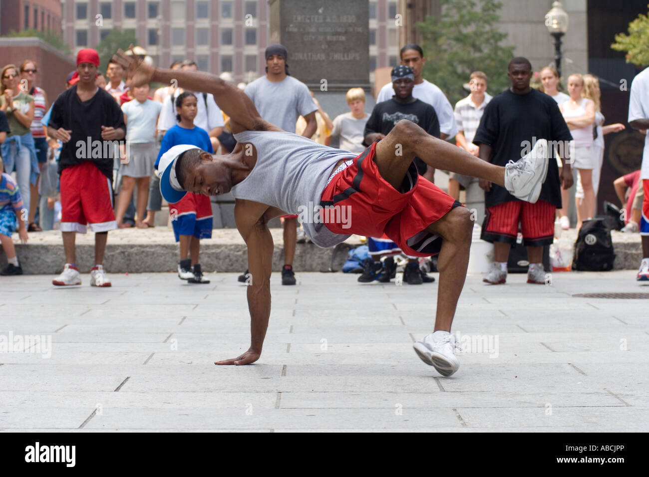 A street performer breakdances in Boston, Massachusetts. Stock Photo
