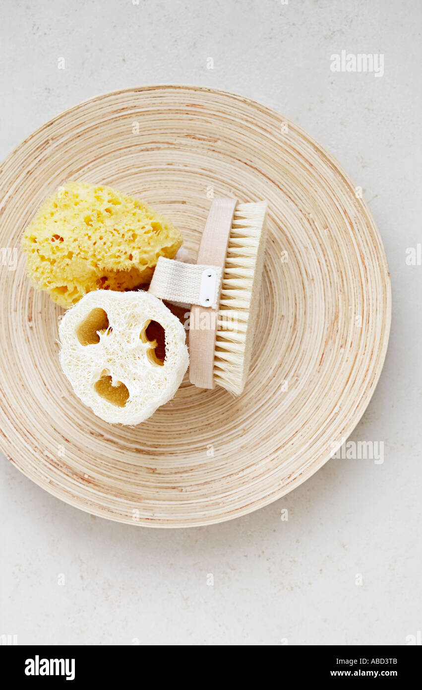 Massage brush loofah and sponge on a dish Stock Photo