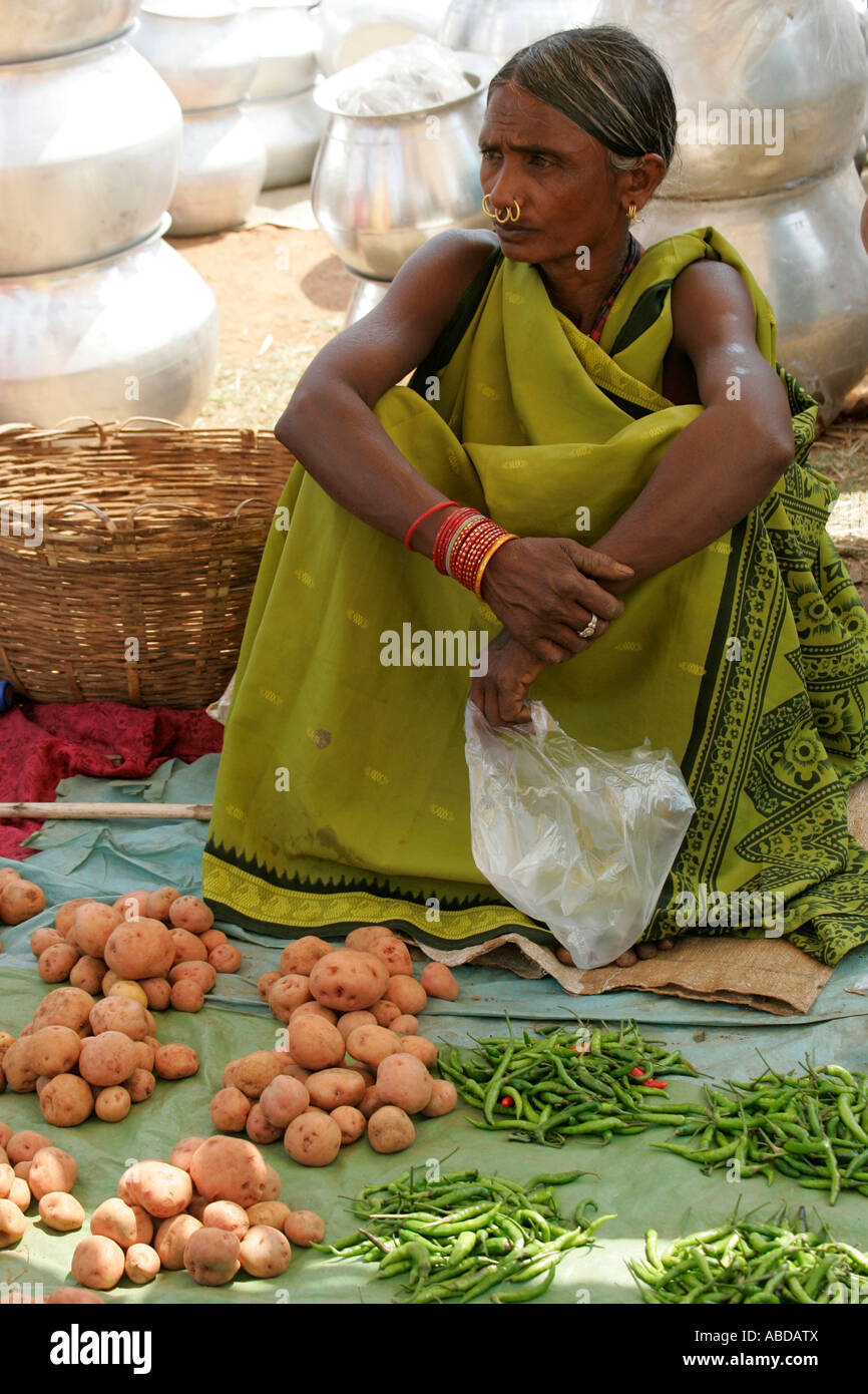 Woman at the tribal market at Kunduli near Koraput, Orissa, India Stock Photo
