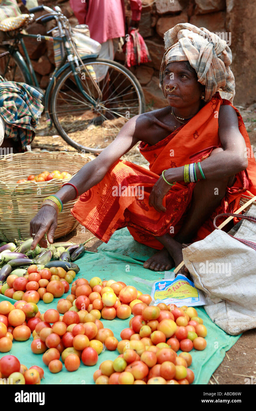 Tribeswoman at the tribal market at Kunduli near Koraput, Orissa, India Stock Photo