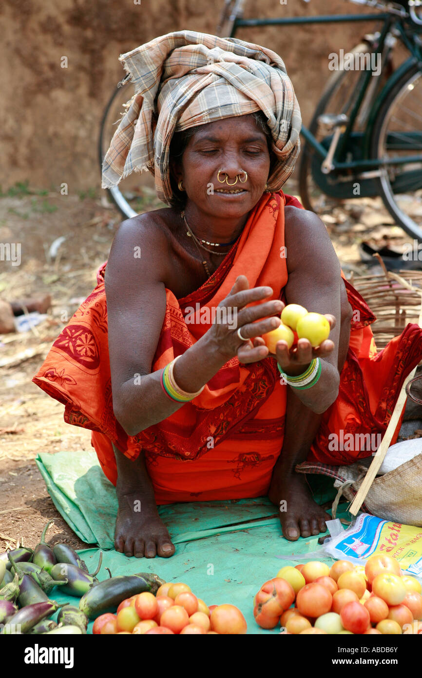 Tribeswoman at the tribal market at Kunduli near Koraput, Orissa, India Stock Photo