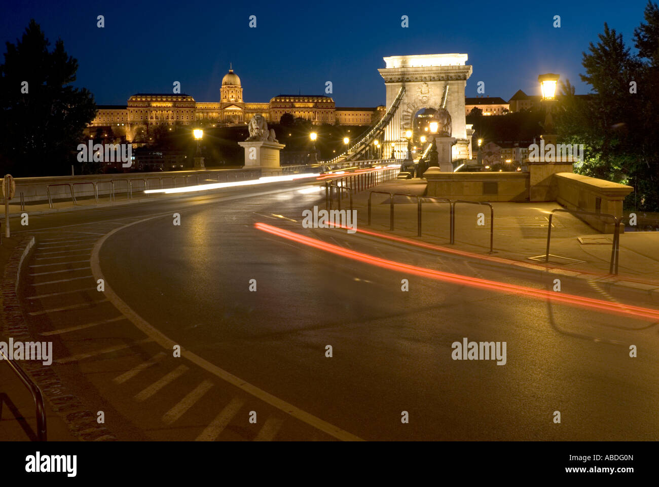 Chain Bridge and Buda Castle Royal Palace at dusk Budapest Hungary ...