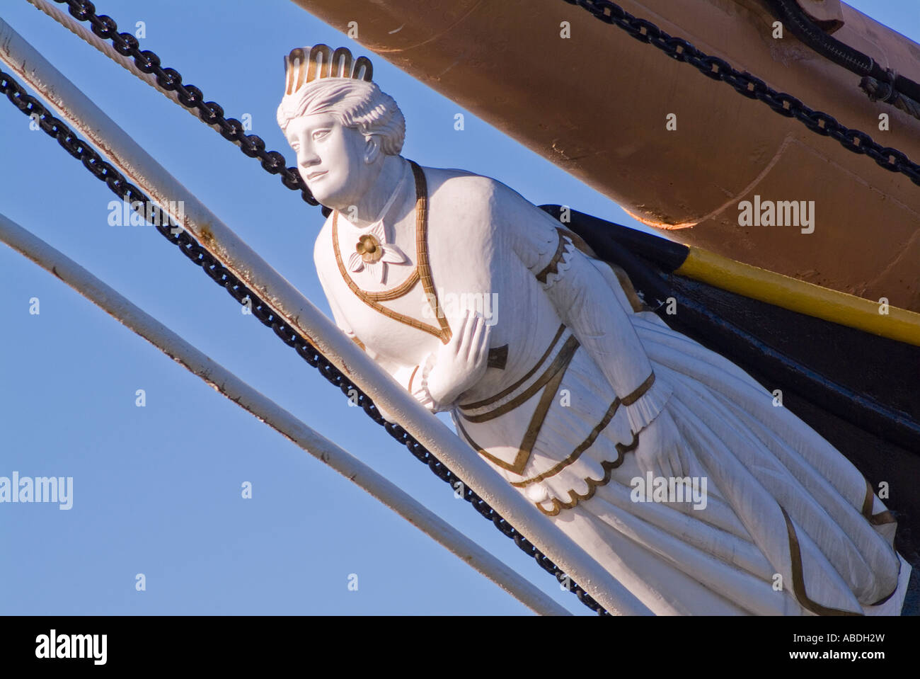 Masthead on front of three masted sailing ship moored at Fisherman’s