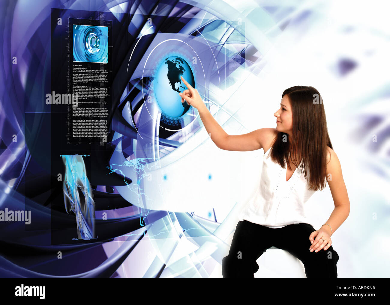Woman touching a virtual screen Stock Photo
