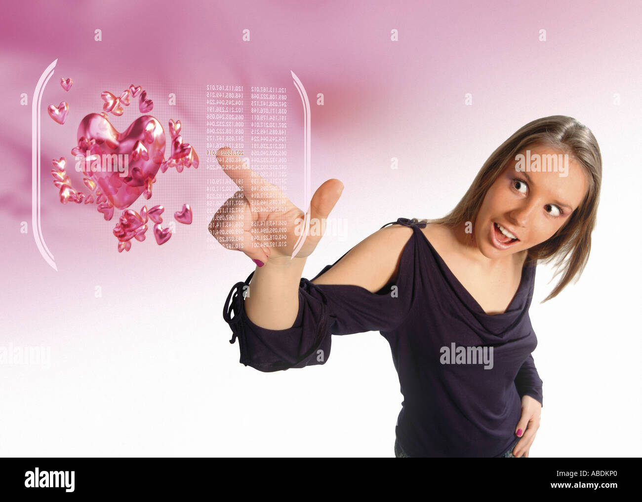 Woman touching a virtual interface window Stock Photo