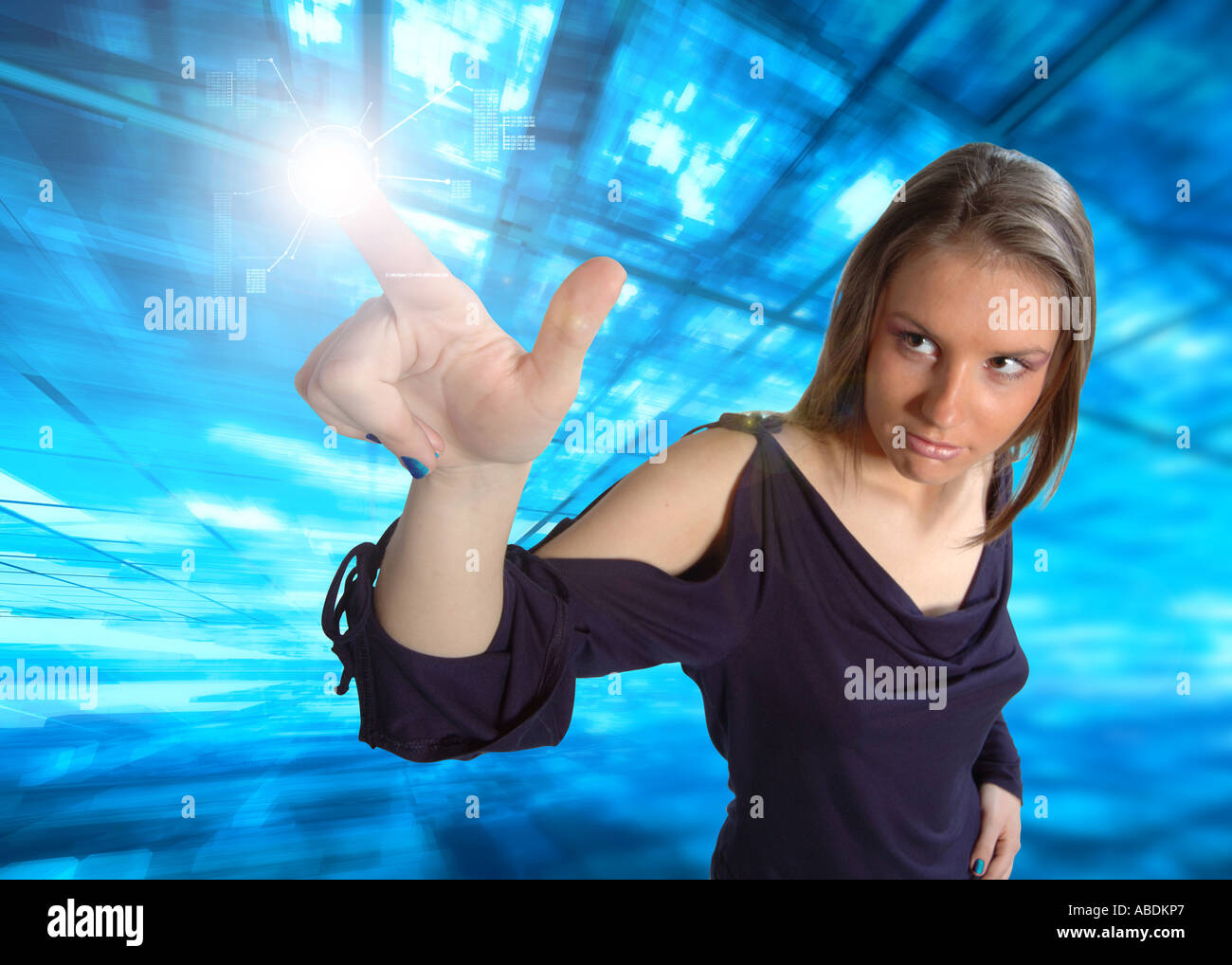 Woman inside a virtual world and touching a virtual screen Stock Photo ...