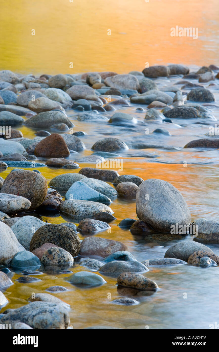 Fall reflections among the cobblestones in the Saco River in New Hampshire s White Mountain National Forest Stock Photo