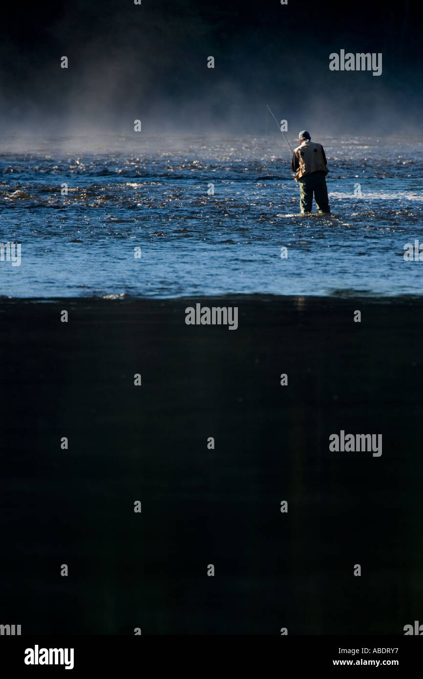 Fly fishing in the early morning mist on the Androscoggin River just